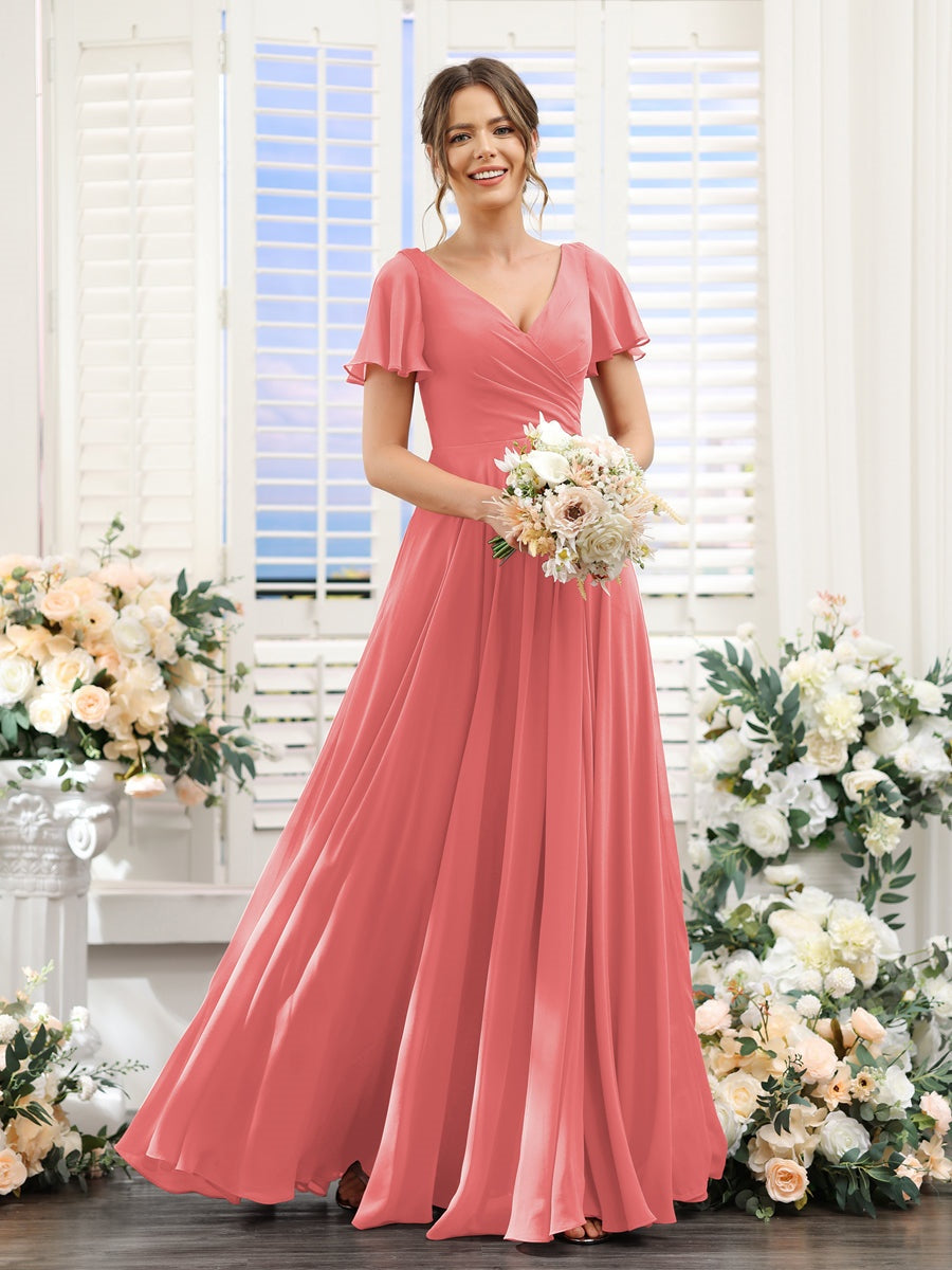 A-Line/Princess V-Neck Short Sleeves Bridesmaid Dresses with Split Side & Ruched