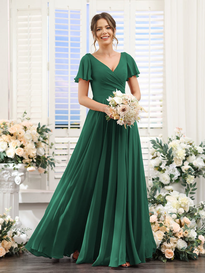 A-Line/Princess V-Neck Short Sleeves Bridesmaid Dresses with Split Side & Ruched