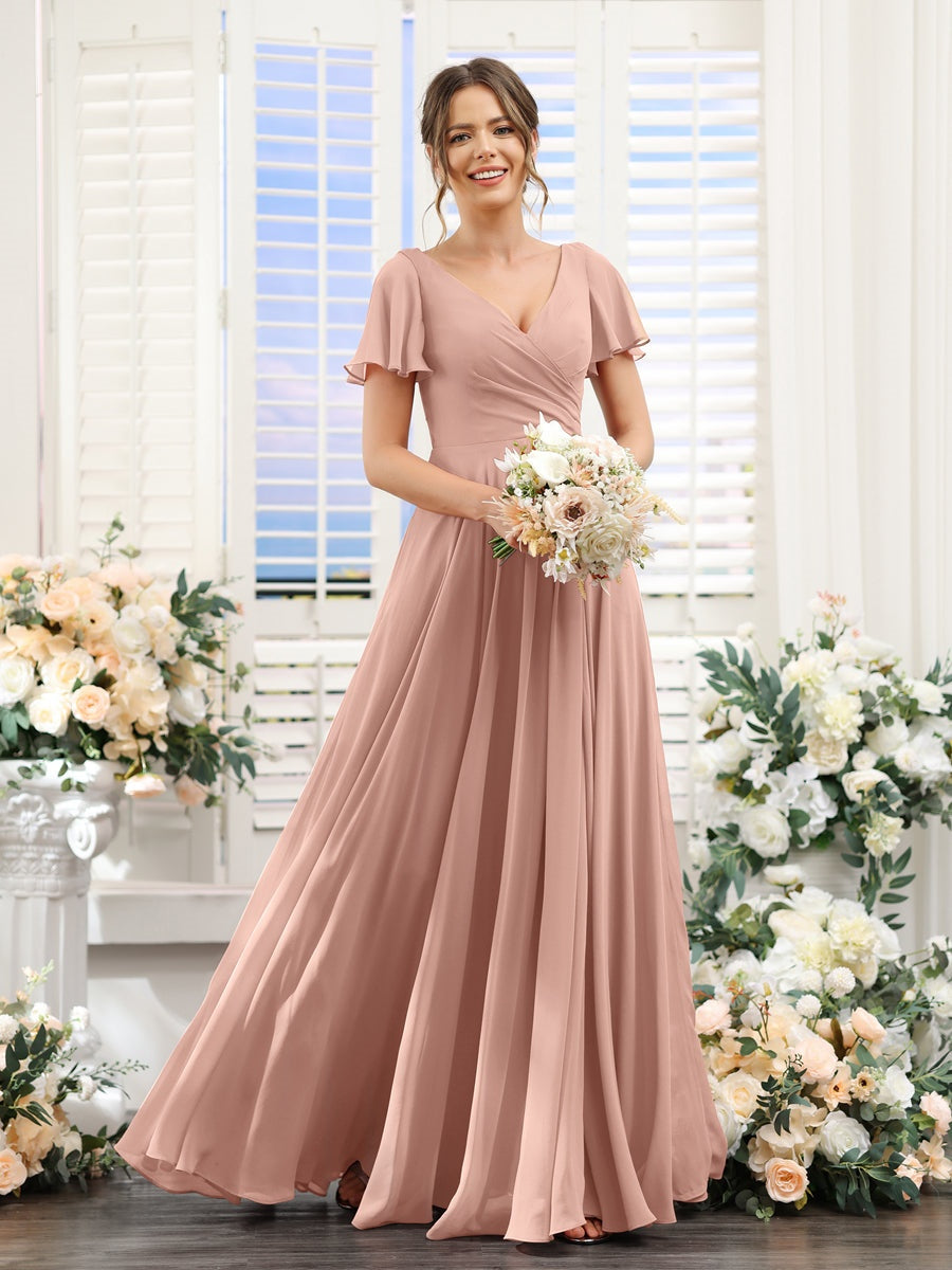 A-Line/Princess V-Neck Short Sleeves Bridesmaid Dresses with Split Side & Ruched