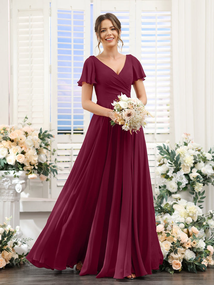 A-Line/Princess V-Neck Short Sleeves Bridesmaid Dresses with Split Side & Ruched