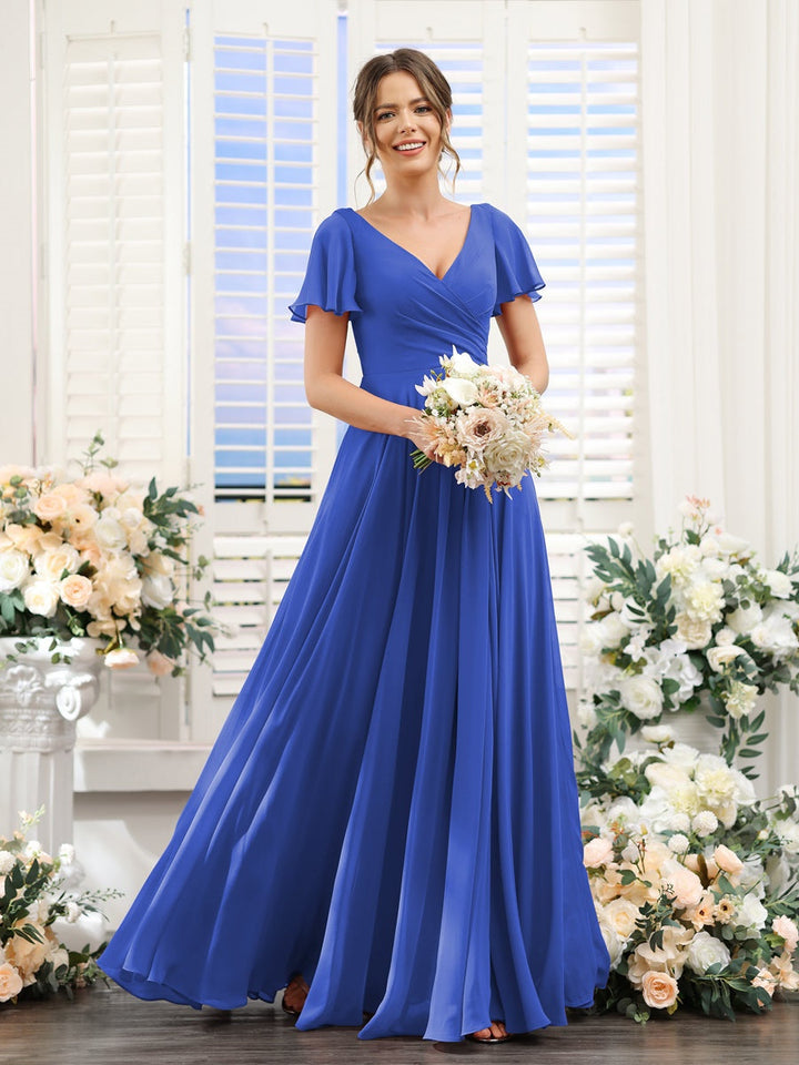 A-Line/Princess V-Neck Short Sleeves Bridesmaid Dresses with Split Side & Ruched