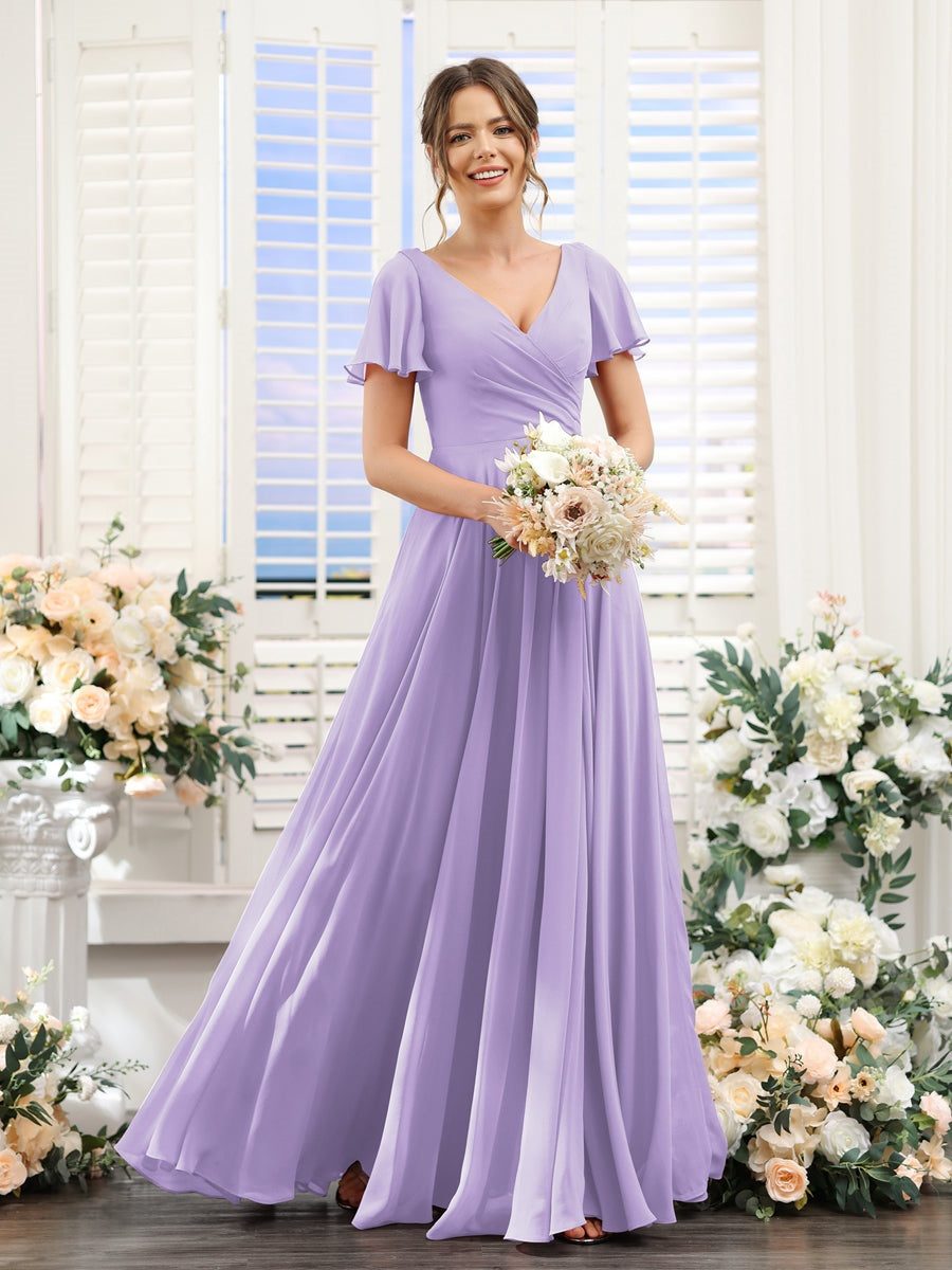 A-Line/Princess V-Neck Short Sleeves Bridesmaid Dresses with Split Side & Ruched