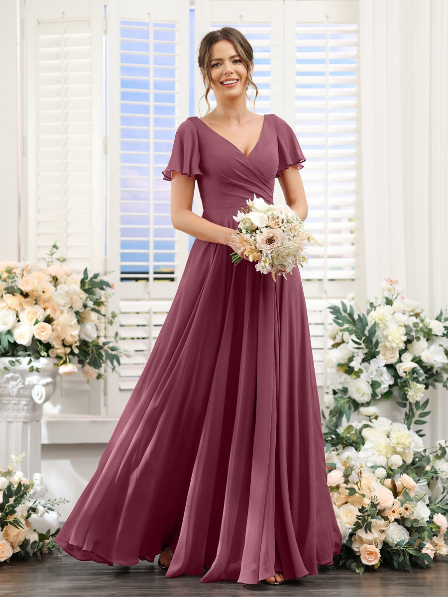 A-Line/Princess V-Neck Short Sleeves Bridesmaid Dresses with Split Side & Ruched