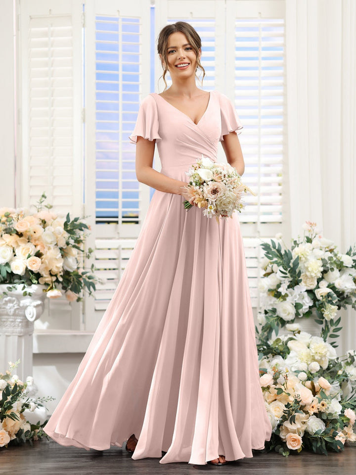 A-Line/Princess V-Neck Short Sleeves Bridesmaid Dresses with Split Side & Ruched