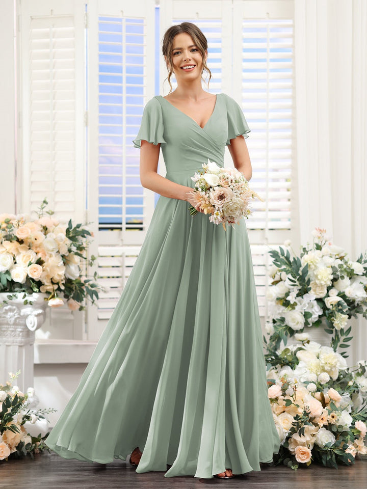 A-Line/Princess V-Neck Short Sleeves Bridesmaid Dresses with Split Side & Ruched