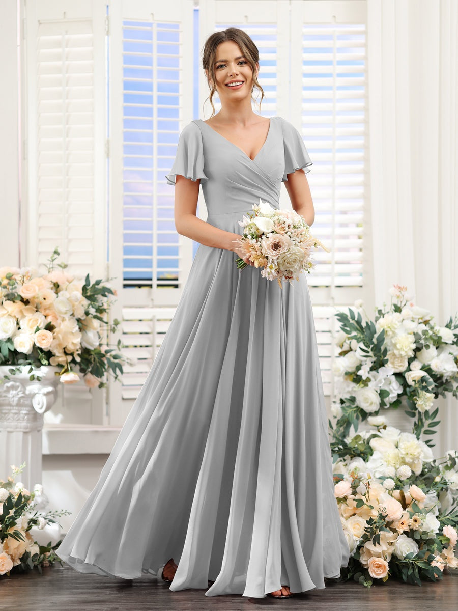 A-Line/Princess V-Neck Short Sleeves Bridesmaid Dresses with Split Side & Ruched