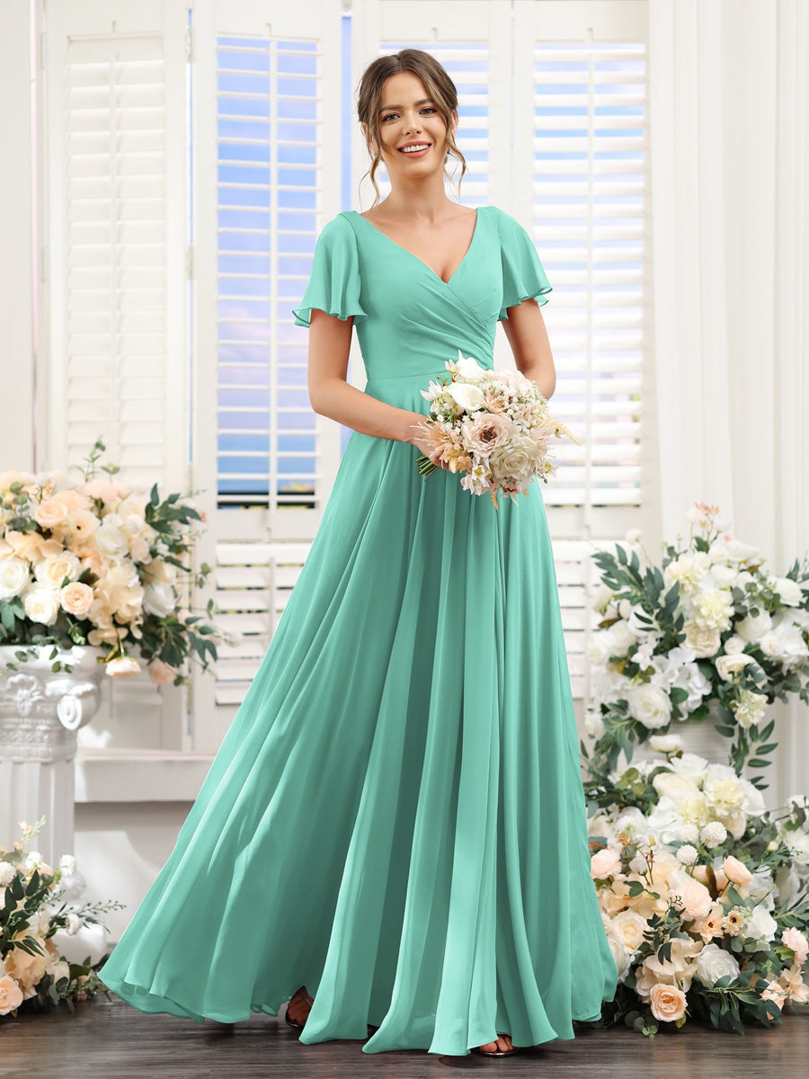 A-Line/Princess V-Neck Short Sleeves Bridesmaid Dresses with Split Side & Ruched