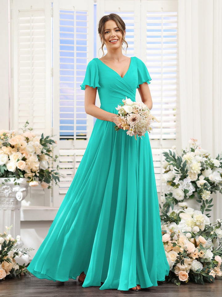 A-Line/Princess V-Neck Short Sleeves Bridesmaid Dresses with Split Side & Ruched