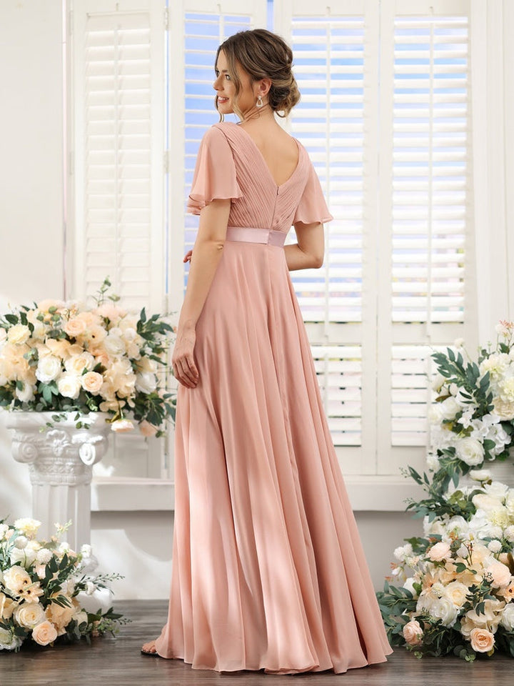 A-Line/Princess V-Neck Short Sleeves Chiffon Bridesmaid Dresses with Pockets