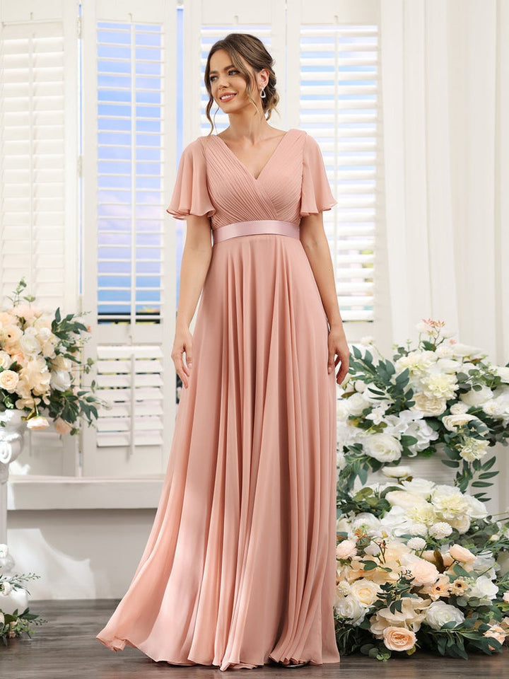 A-Line/Princess V-Neck Short Sleeves Chiffon Bridesmaid Dresses with Pockets