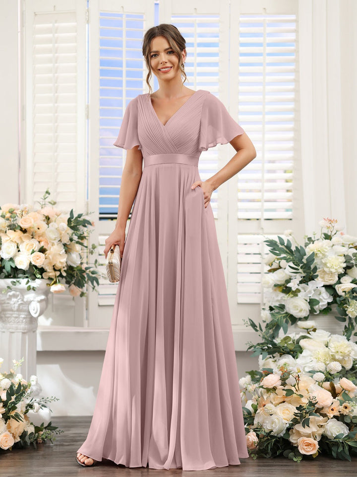 A-Line/Princess V-Neck Short Sleeves Chiffon Bridesmaid Dresses with Pockets