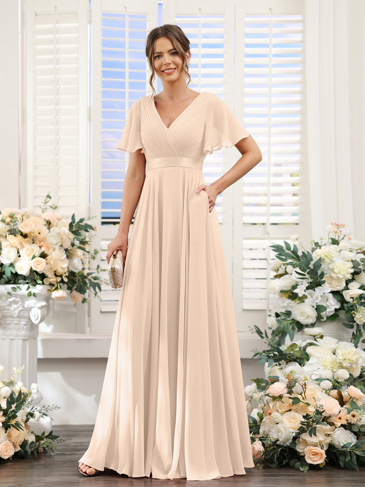 A-Line/Princess V-Neck Short Sleeves Chiffon Bridesmaid Dresses with Pockets