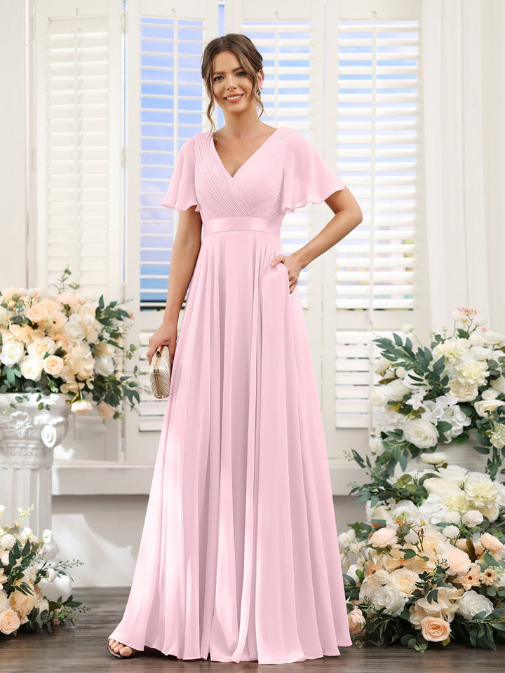 A-Line/Princess V-Neck Short Sleeves Chiffon Bridesmaid Dresses with Pockets