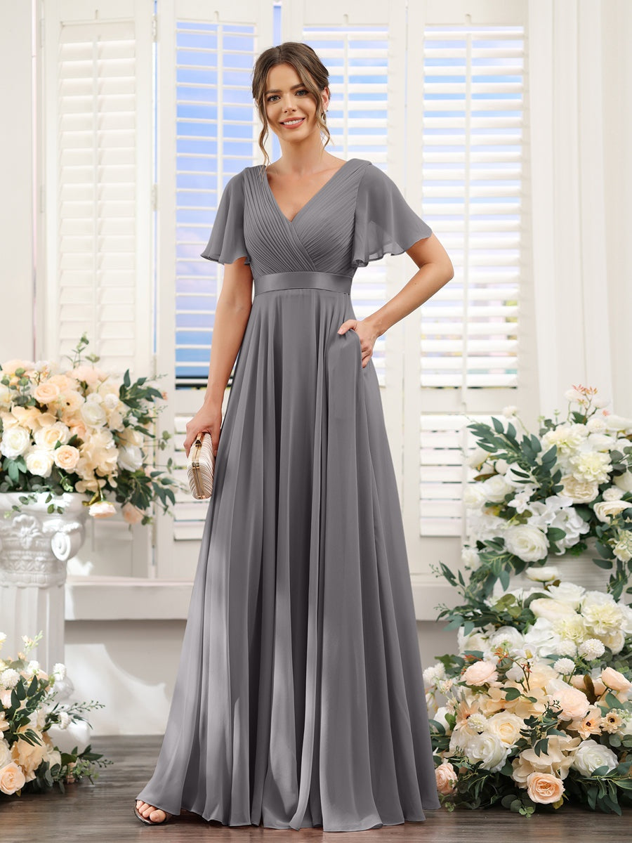 A-Line/Princess V-Neck Short Sleeves Chiffon Bridesmaid Dresses with Pockets