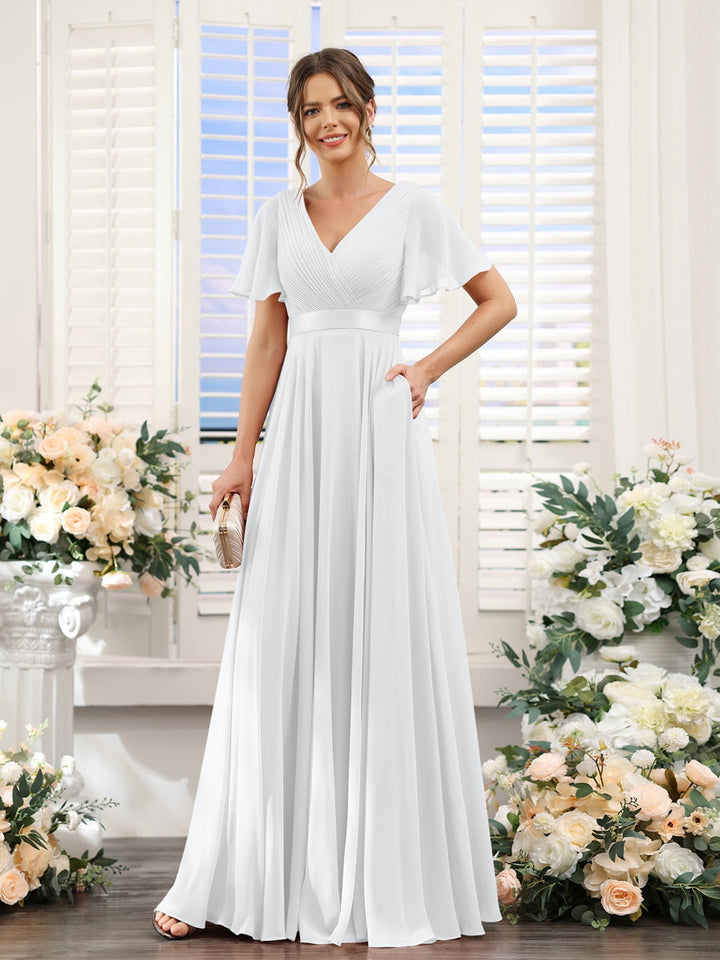 A-Line/Princess V-Neck Short Sleeves Chiffon Bridesmaid Dresses with Pockets