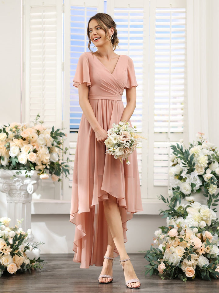pink chiffon bridesmaid dresses uk BABARONI Chiffon Dusty Rose Bridesmaid Dresses A-line V-neck Floor-length Flutter Sleeves Ruched Belt Bow