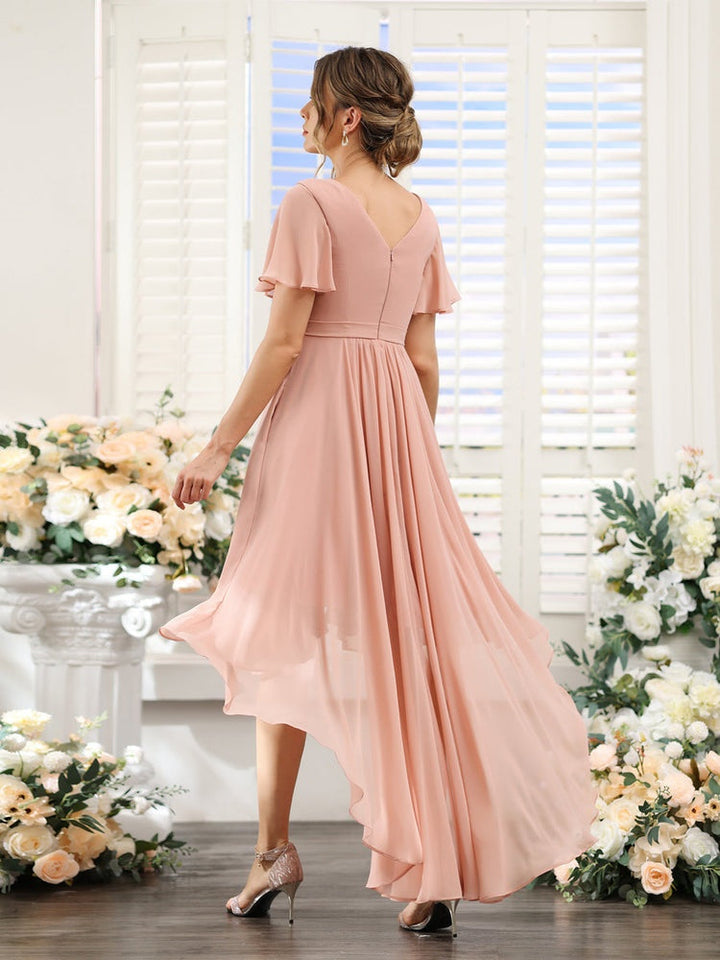 A-Line/Princess V-Neck Short Sleeves Asymmetrical Chiffon Bridesmaid Dresses with Ruched