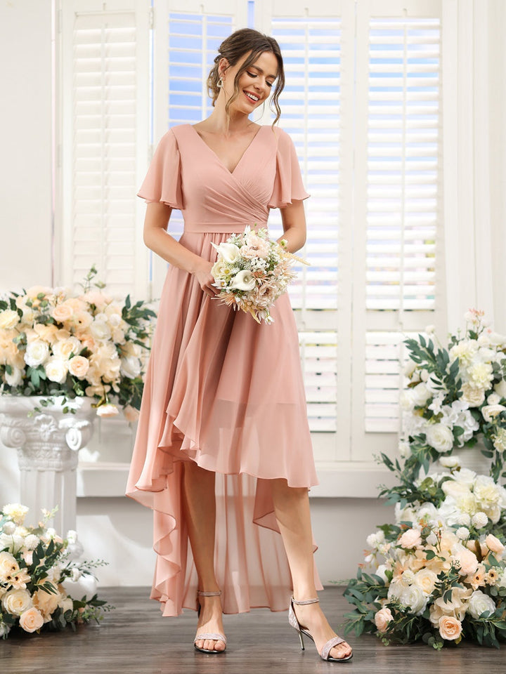 A-Line/Princess V-Neck Short Sleeves Asymmetrical Chiffon Bridesmaid Dresses with Ruched