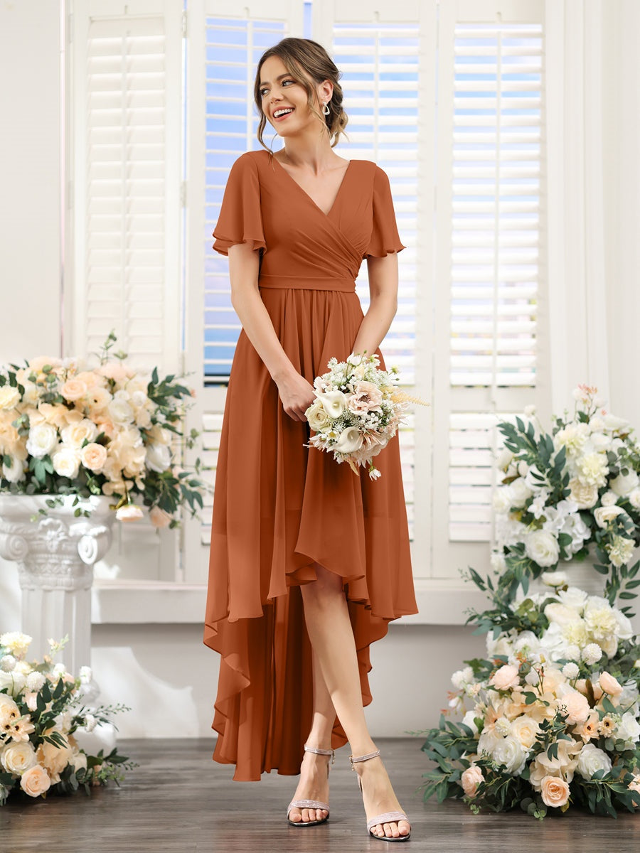 A-Line/Princess V-Neck Short Sleeves Asymmetrical Chiffon Bridesmaid Dresses with Ruched