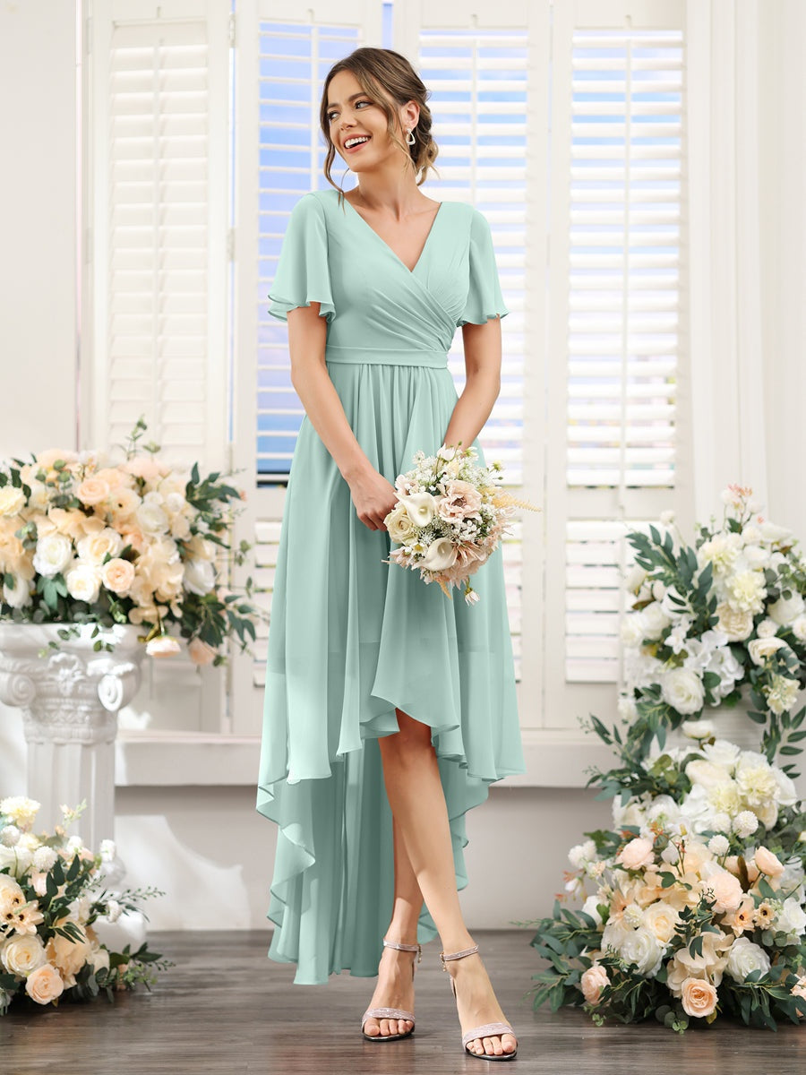 A-Line/Princess V-Neck Short Sleeves Asymmetrical Chiffon Bridesmaid Dresses with Ruched