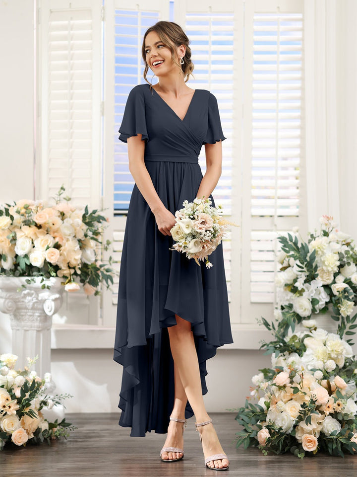 A-Line/Princess V-Neck Short Sleeves Asymmetrical Chiffon Bridesmaid Dresses with Ruched