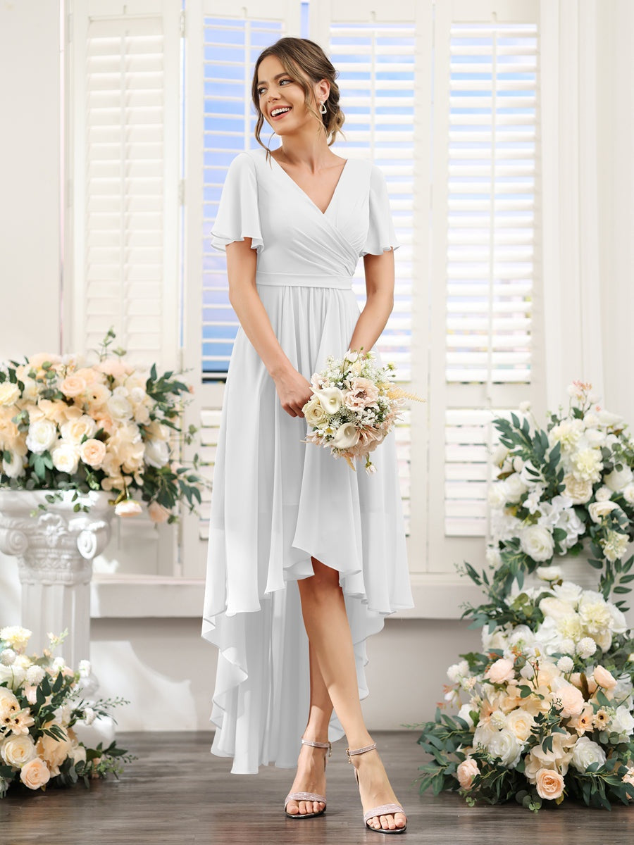 A-Line/Princess V-Neck Short Sleeves Asymmetrical Chiffon Bridesmaid Dresses with Ruched