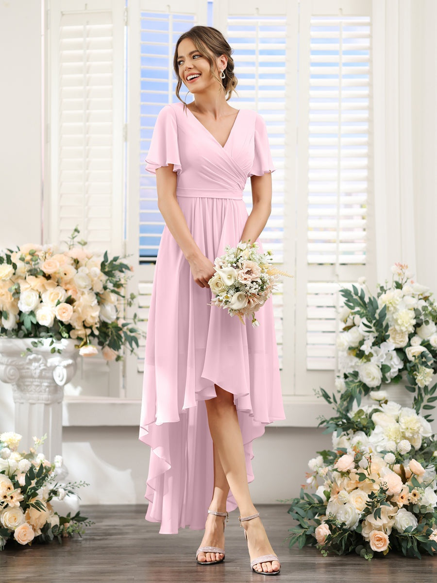 A-Line/Princess V-Neck Short Sleeves Asymmetrical Chiffon Bridesmaid Dresses with Ruched