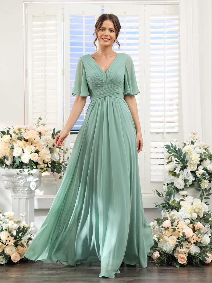 A-Line/Princess V-Neck Half Sleeves Chiffon Bridesmaid Dresses With Pockets & Split Side