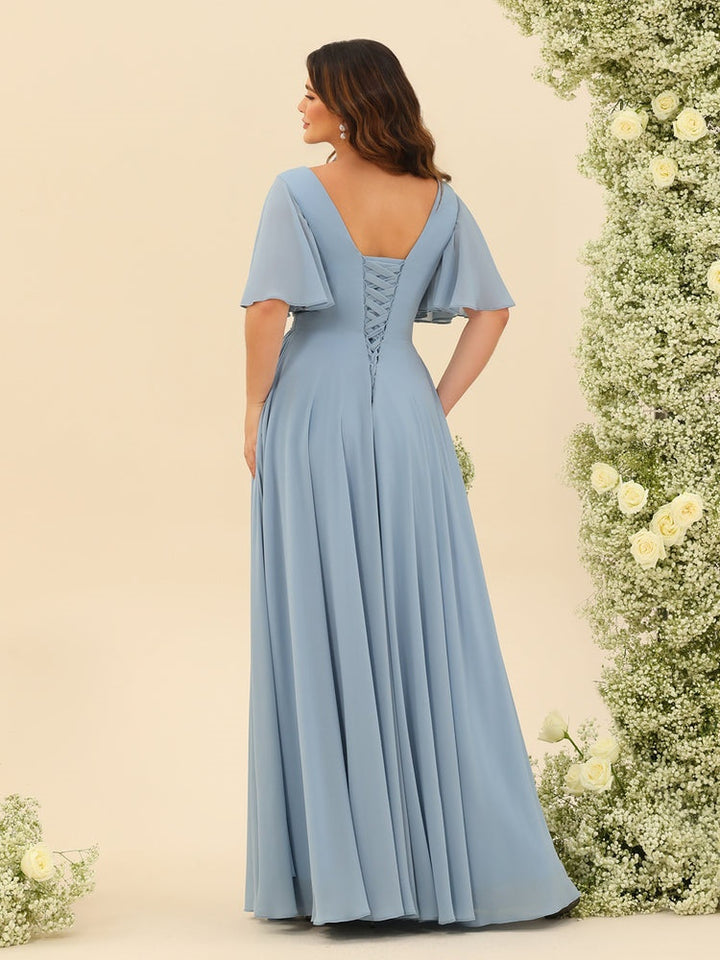 A-Line/Princess V-Neck Half Sleeves Chiffon Bridesmaid Dresses With Pockets & Split Side