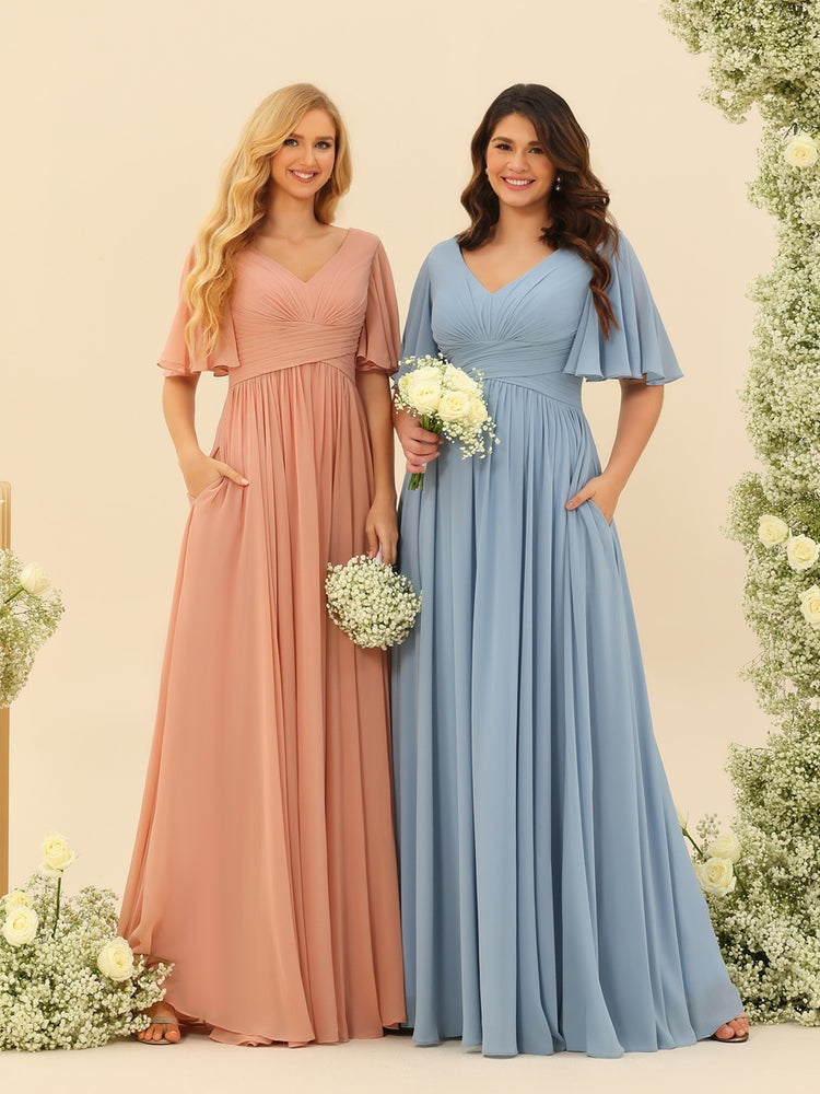 A-Line/Princess V-Neck Half Sleeves Chiffon Bridesmaid Dresses With Pockets & Split Side