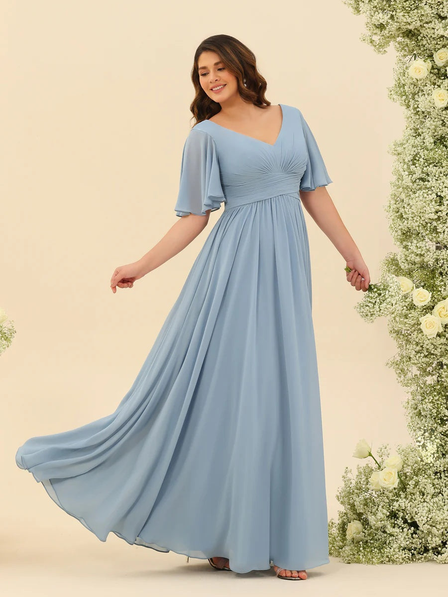 A-Line/Princess V-Neck Half Sleeves Chiffon Bridesmaid Dresses With Pockets & Split Side