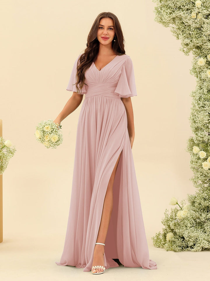 A-Line/Princess V-Neck Half Sleeves Chiffon Bridesmaid Dresses With Pockets & Split Side