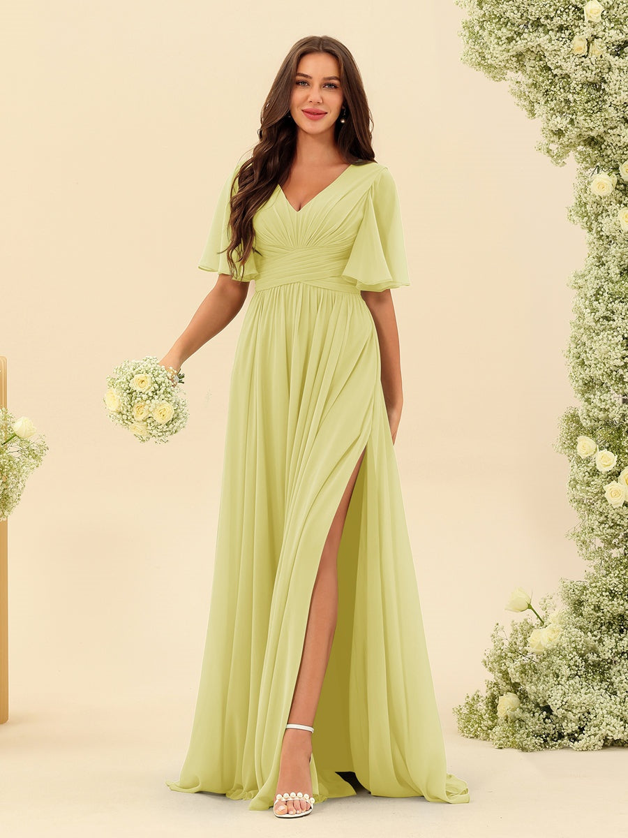 A-Line/Princess V-Neck Half Sleeves Chiffon Bridesmaid Dresses With Pockets & Split Side