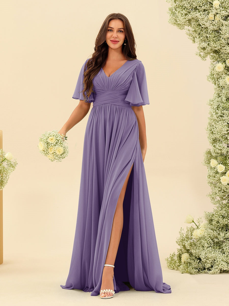 A-Line/Princess V-Neck Half Sleeves Chiffon Bridesmaid Dresses With Pockets & Split Side