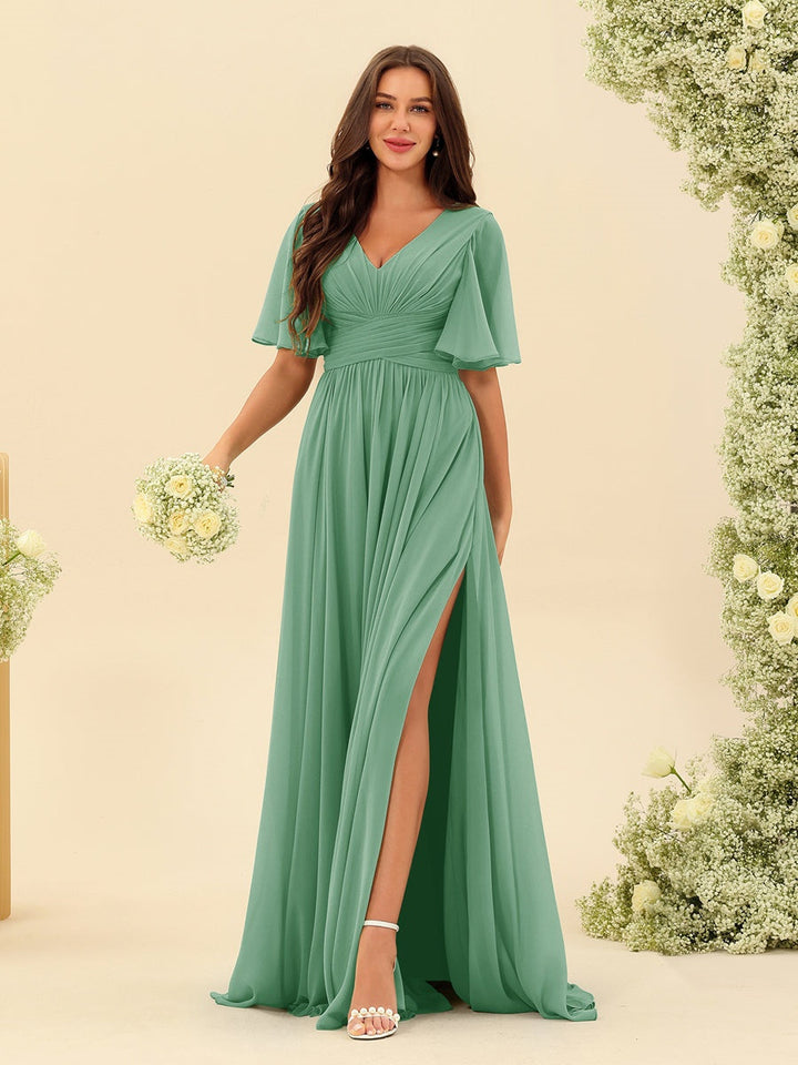 A-Line/Princess V-Neck Half Sleeves Chiffon Bridesmaid Dresses With Pockets & Split Side