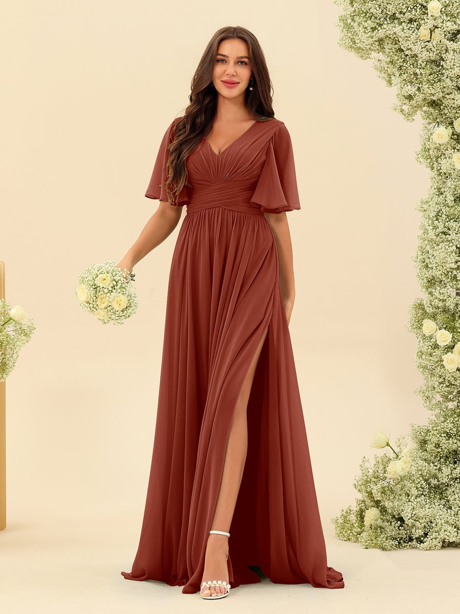 A-Line/Princess V-Neck Half Sleeves Chiffon Bridesmaid Dresses With Pockets & Split Side