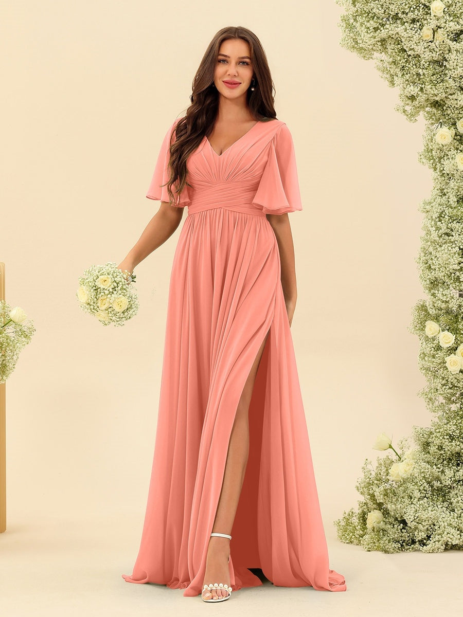 A-Line/Princess V-Neck Half Sleeves Chiffon Bridesmaid Dresses With Pockets & Split Side