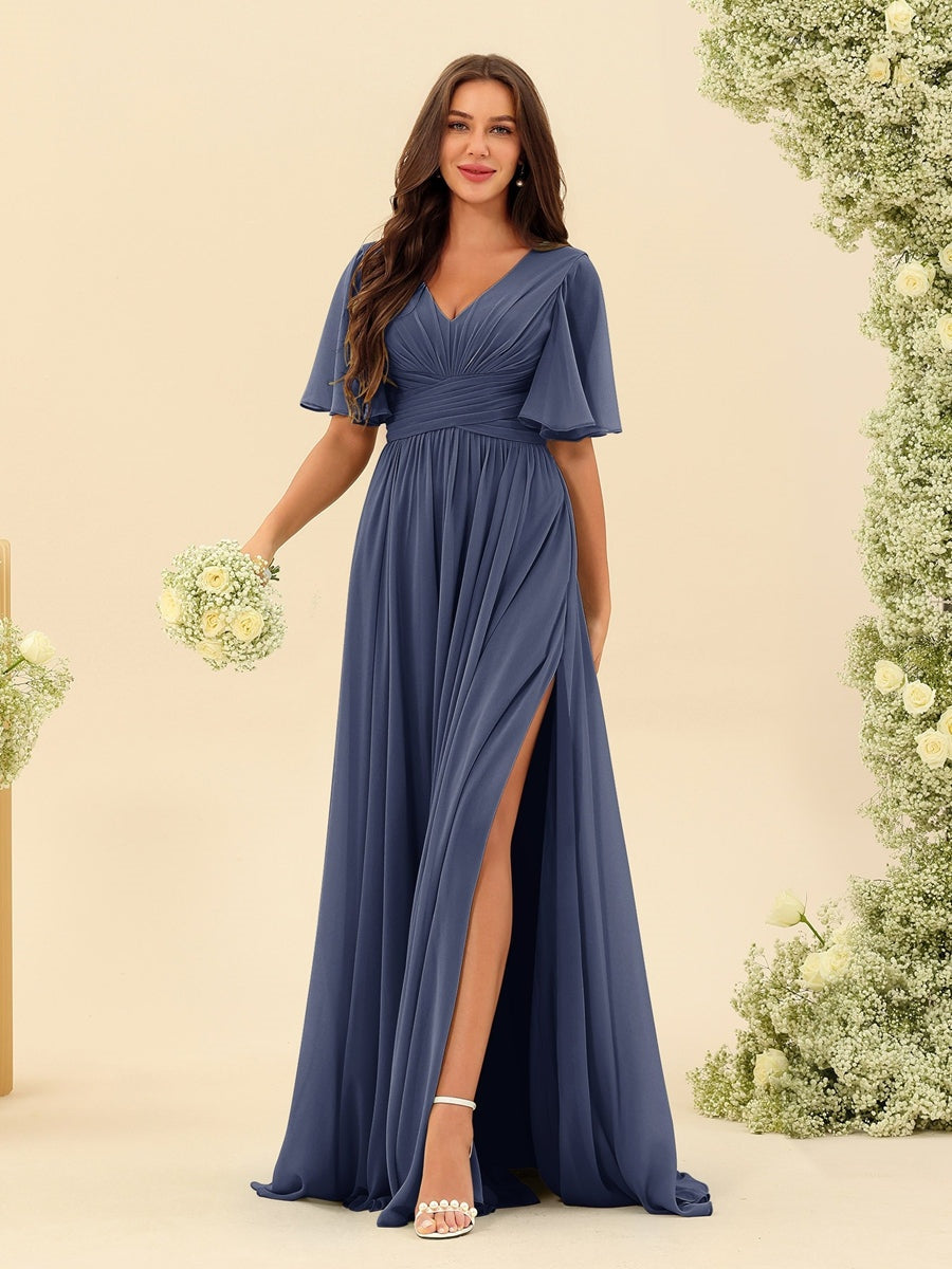 A-Line/Princess V-Neck Half Sleeves Chiffon Bridesmaid Dresses With Pockets & Split Side