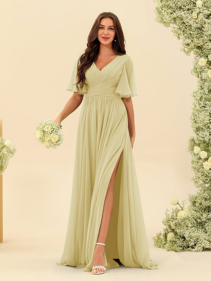 A-Line/Princess V-Neck Half Sleeves Chiffon Bridesmaid Dresses With Pockets & Split Side