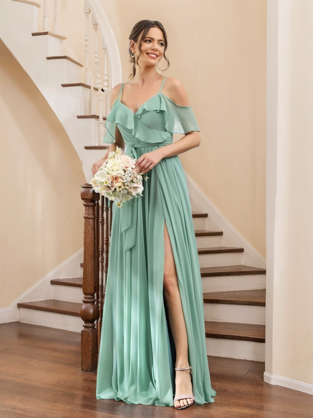 A-Line/Princess V-Neck Spaghetti Straps Floor-Length Bridesmaid Dresses with Pockets