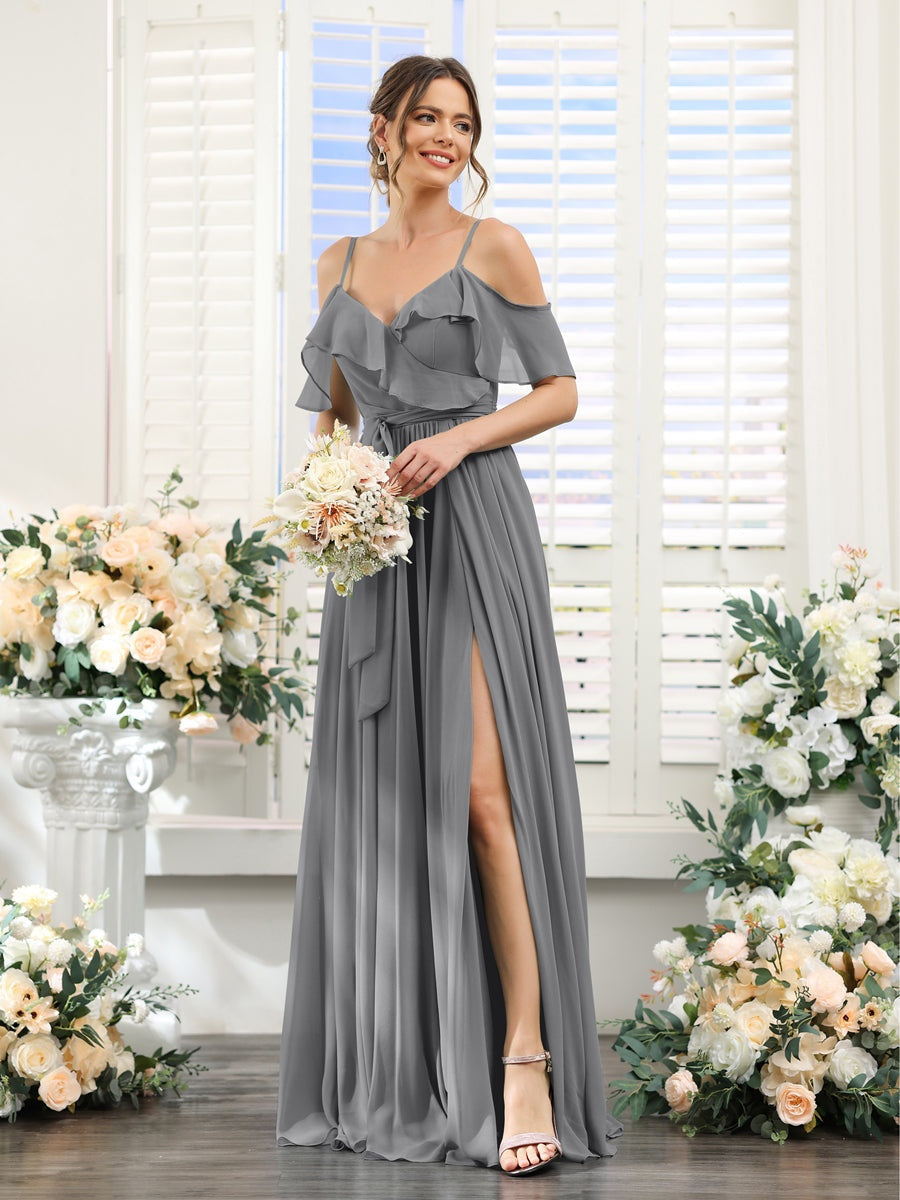 A-Line/Princess V-Neck Spaghetti Straps Floor-Length Bridesmaid Dresses with Pockets