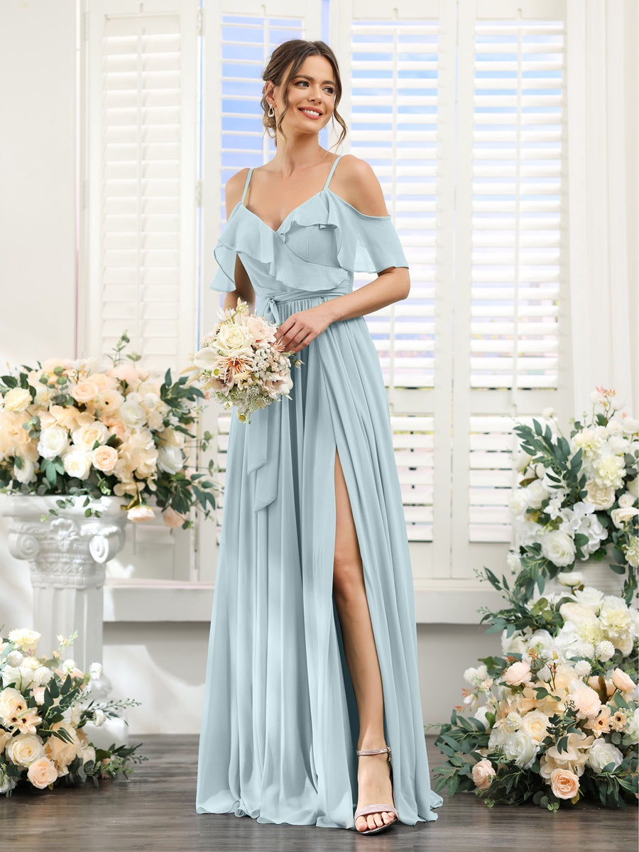 A-Line/Princess V-Neck Spaghetti Straps Floor-Length Bridesmaid Dresses with Pockets