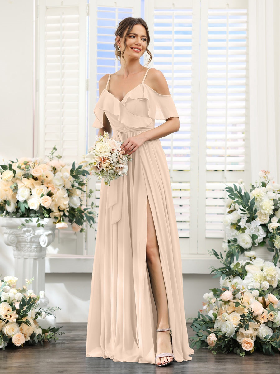 A-Line/Princess V-Neck Spaghetti Straps Floor-Length Bridesmaid Dresses with Pockets