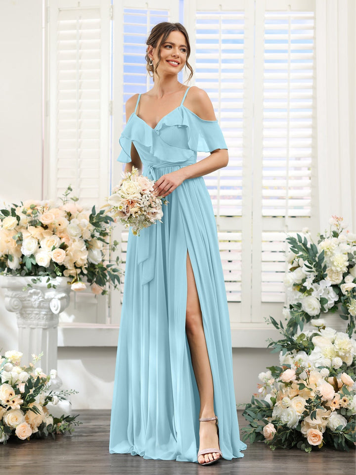 A-Line/Princess V-Neck Spaghetti Straps Floor-Length Bridesmaid Dresses with Pockets