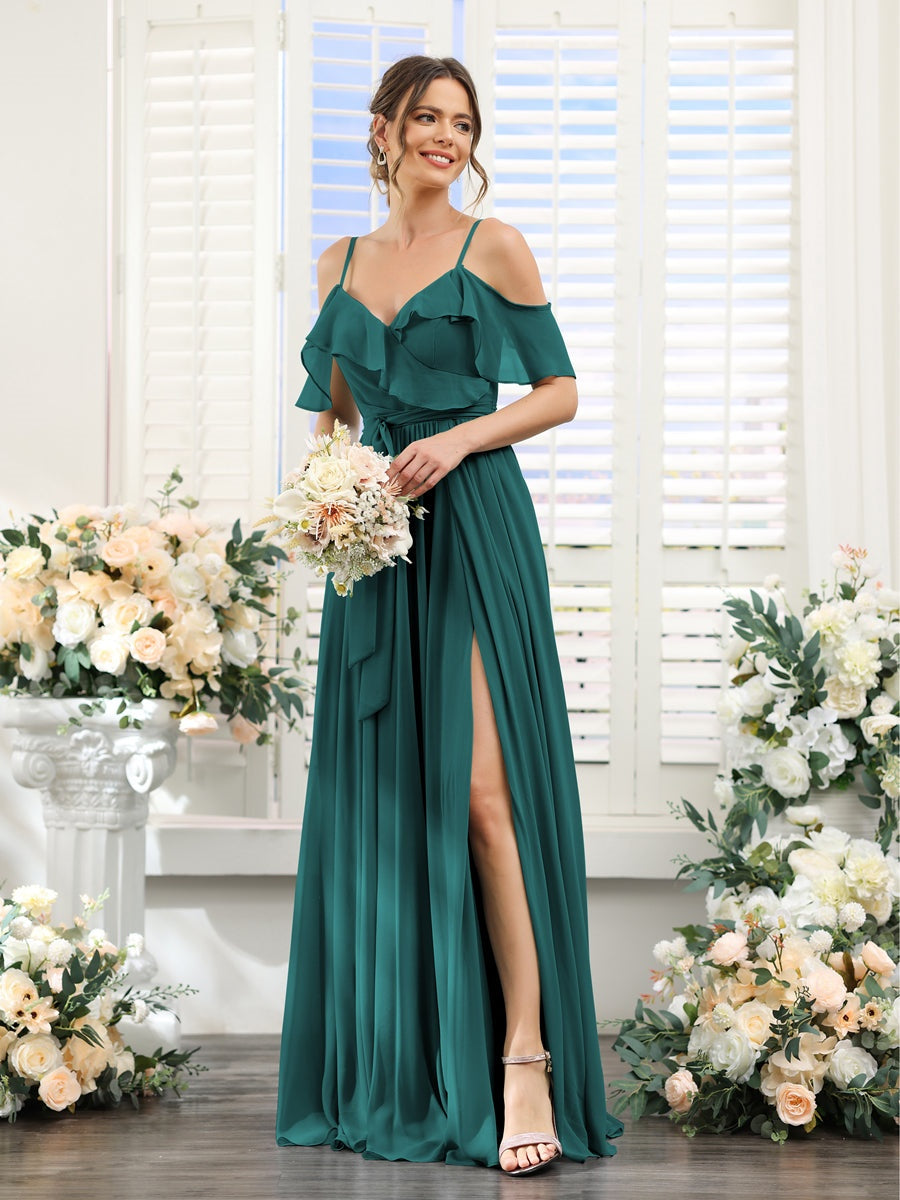 A-Line/Princess V-Neck Spaghetti Straps Floor-Length Bridesmaid Dresses with Pockets