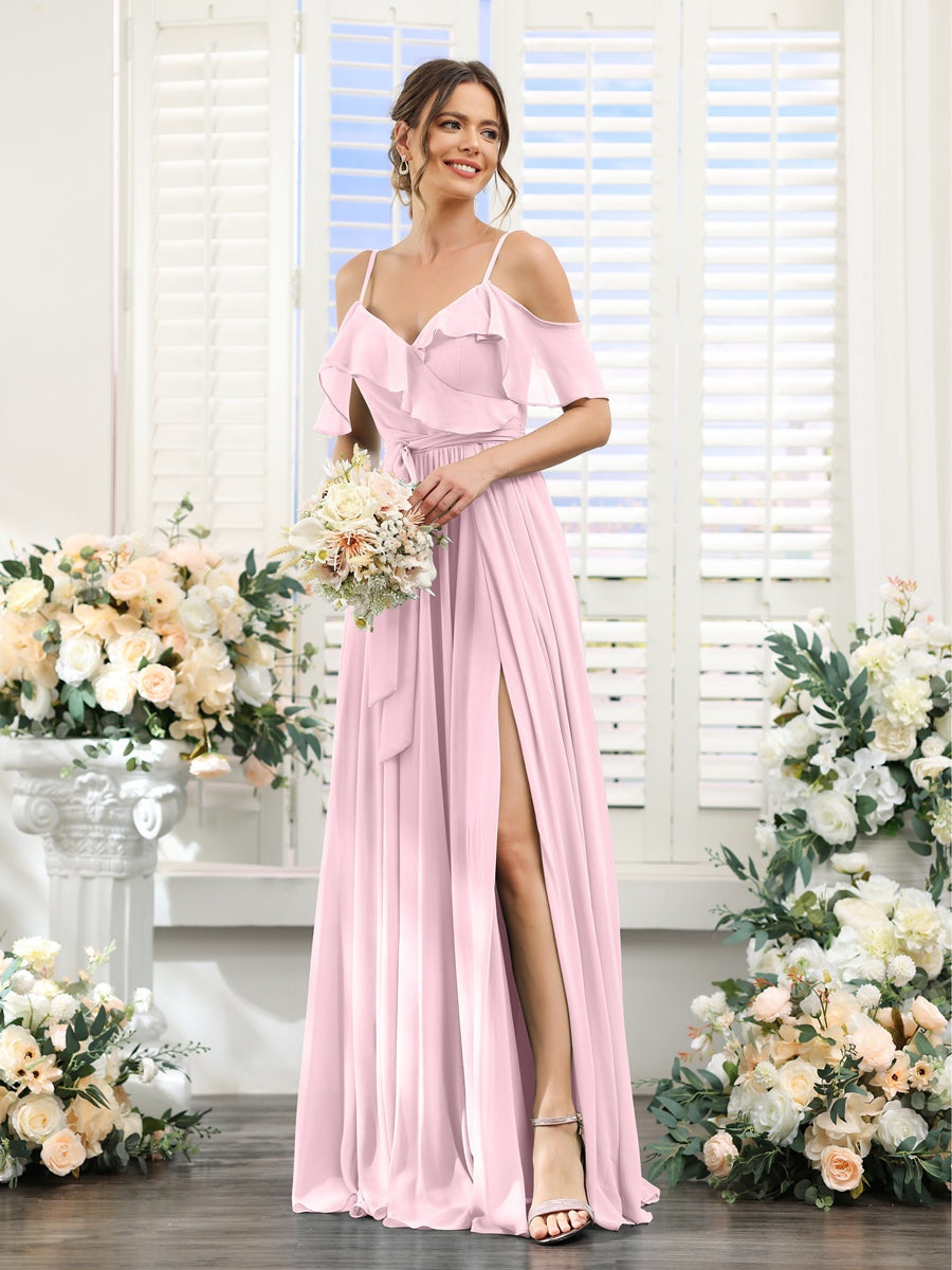 A-Line/Princess V-Neck Spaghetti Straps Floor-Length Bridesmaid Dresses with Pockets