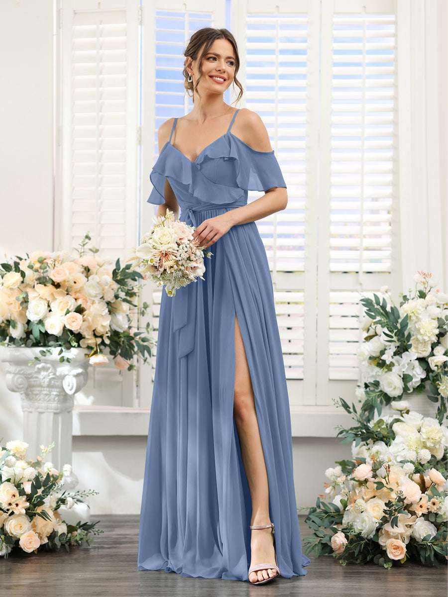 A-Line/Princess V-Neck Spaghetti Straps Floor-Length Bridesmaid Dresses with Pockets