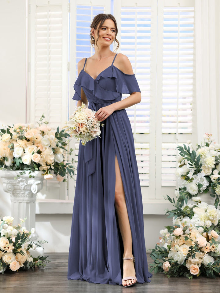 A-Line/Princess V-Neck Spaghetti Straps Floor-Length Bridesmaid Dresses with Pockets