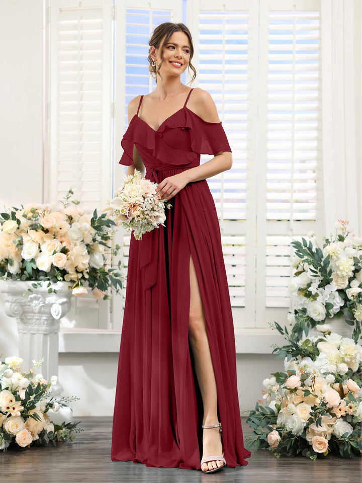 A-Line/Princess V-Neck Spaghetti Straps Floor-Length Bridesmaid Dresses with Pockets