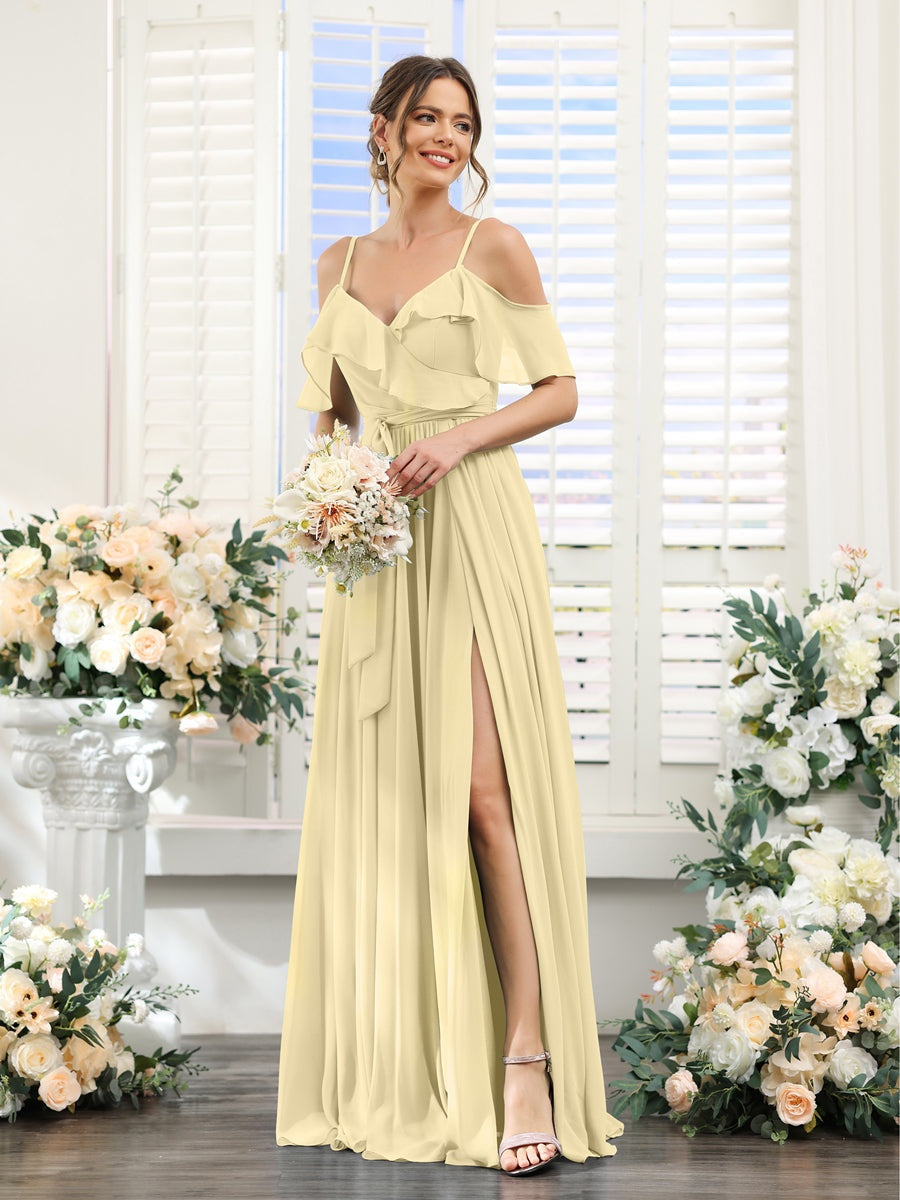 A-Line/Princess V-Neck Spaghetti Straps Floor-Length Bridesmaid Dresses with Pockets